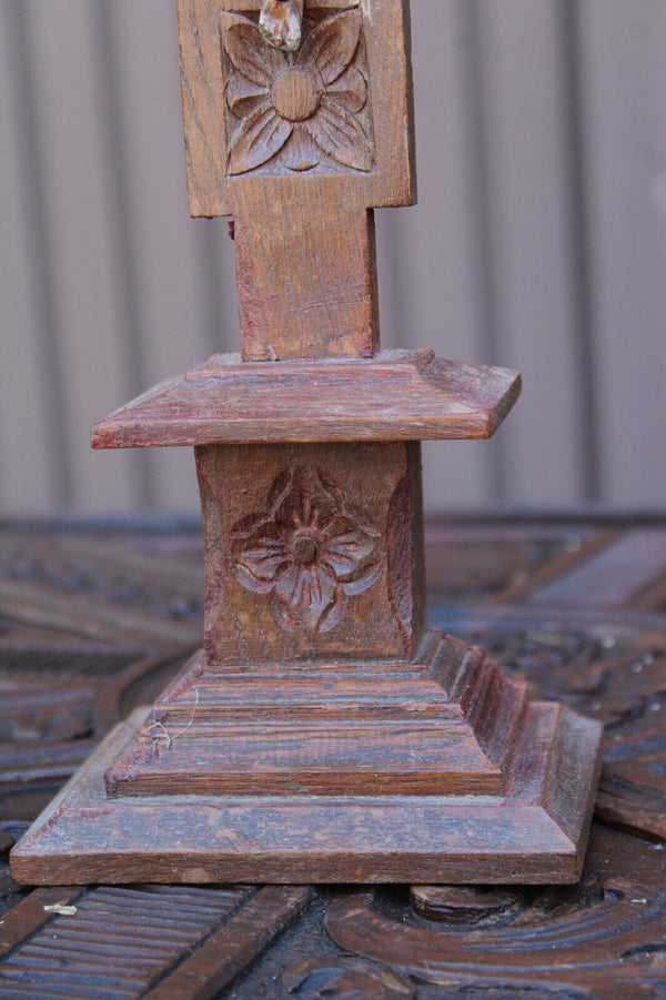 Antique french wood carved cross crucifix metal christ corpus