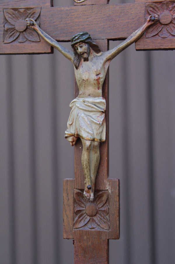 Antique french wood carved cross crucifix metal christ corpus