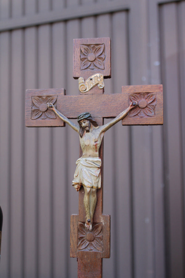 Antique french wood carved cross crucifix metal christ corpus