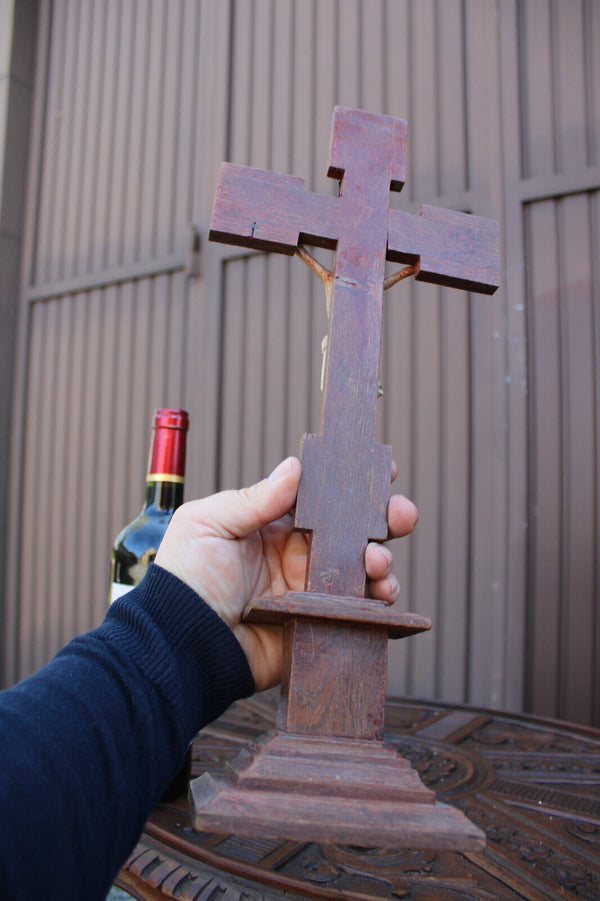 Antique french wood carved cross crucifix metal christ corpus