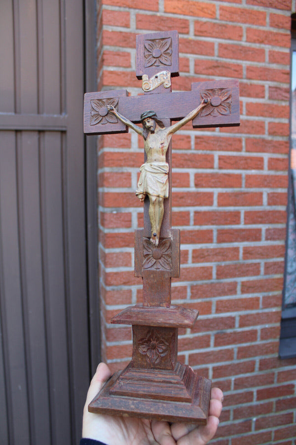 Antique french wood carved cross crucifix metal christ corpus