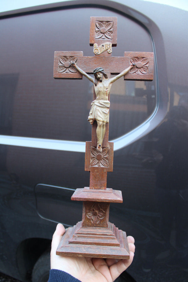 Antique french wood carved cross crucifix metal christ corpus