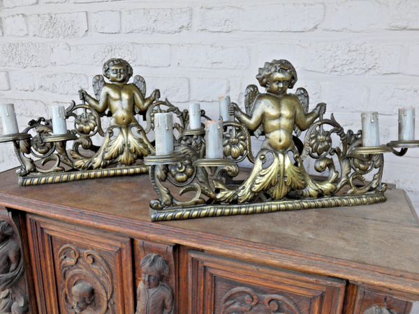 PAIR Antique french putti cherub XL metal bronze patinated Wall lights sconces