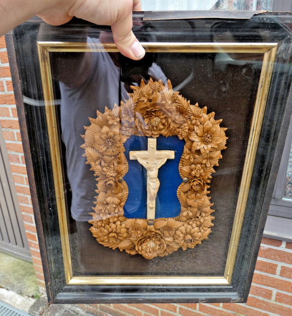 Antique french religious wall plaque with crucifix floral relief decor rare