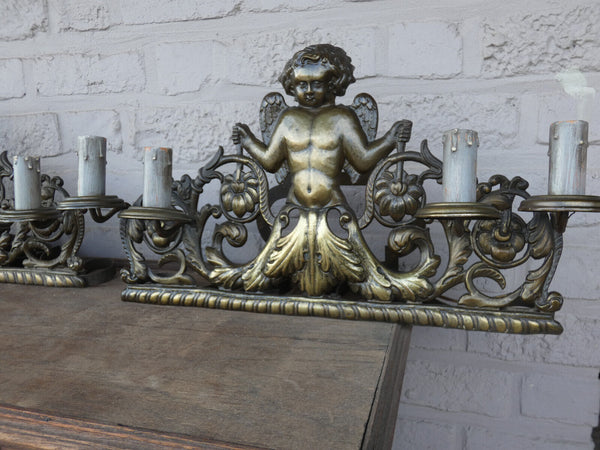 PAIR Antique french putti cherub XL metal bronze patinated Wall lights sconces