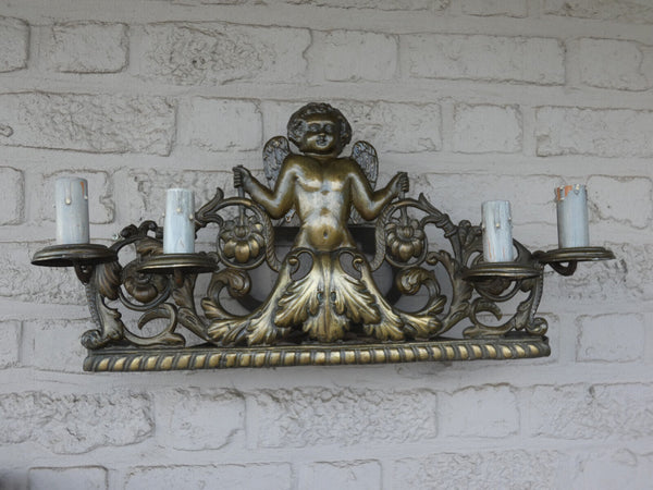 PAIR Antique french putti cherub XL metal bronze patinated Wall lights sconces