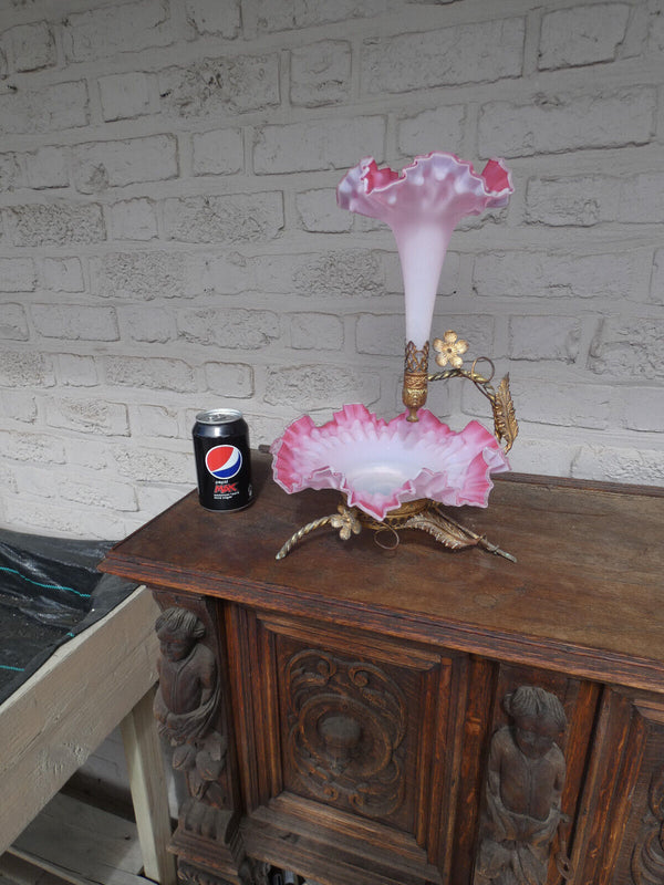 Antique art nouveau metal pink murano glass bowl centerpiece Statue vase floral