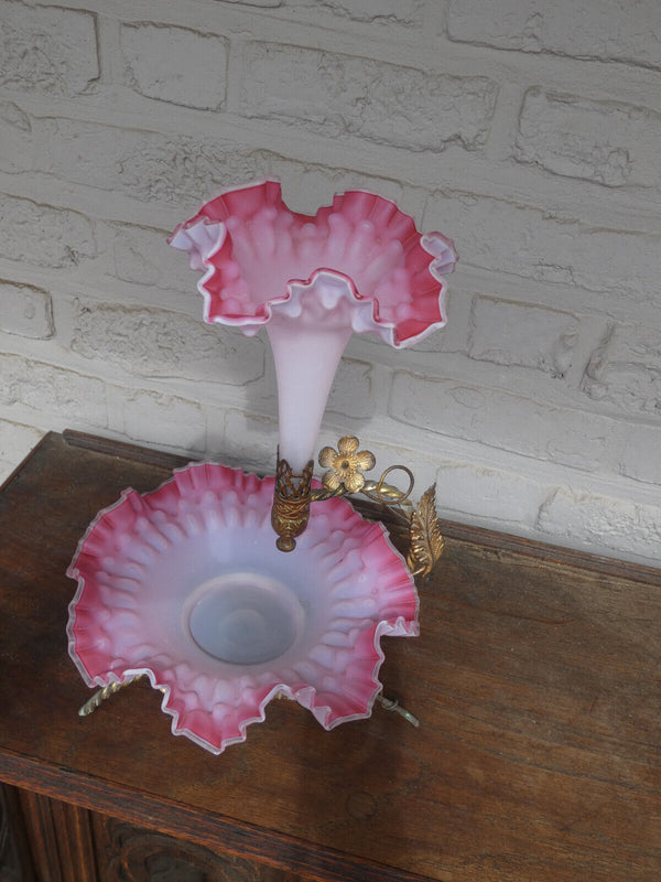 Antique art nouveau metal pink murano glass bowl centerpiece Statue vase floral