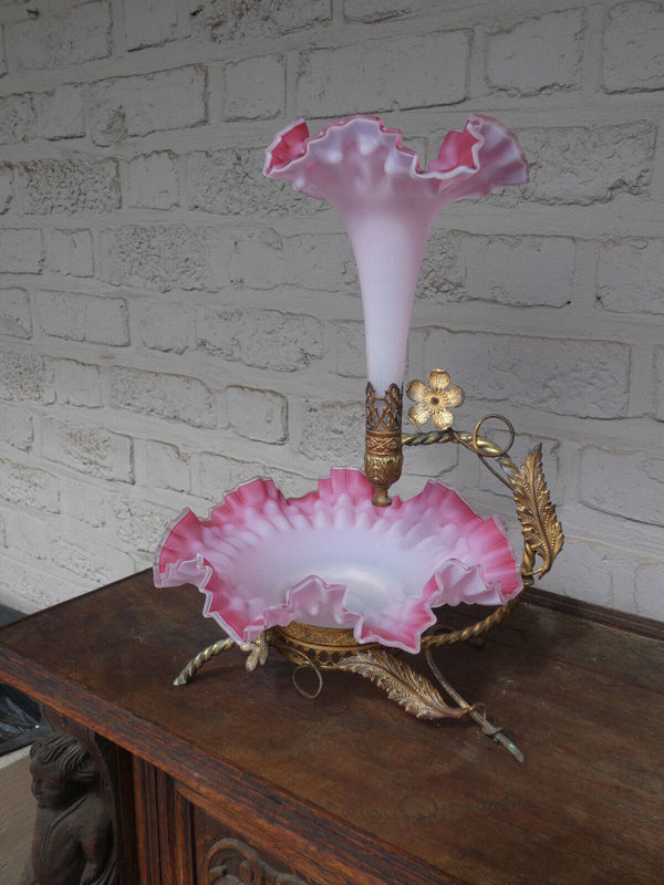 Antique art nouveau metal pink murano glass bowl centerpiece Statue vase floral