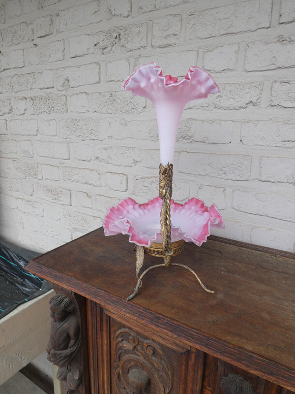 Antique art nouveau metal pink murano glass bowl centerpiece Statue vase floral