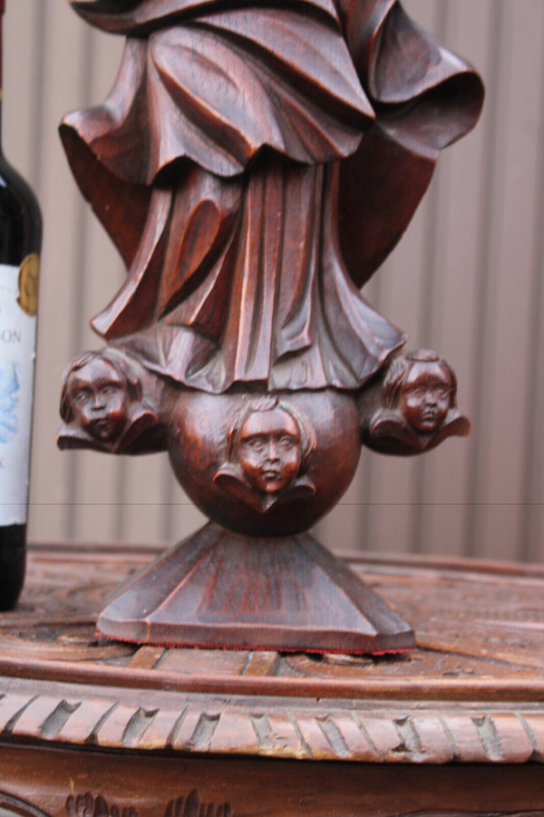 Antique wood carved madonna mary statue with angels base religious