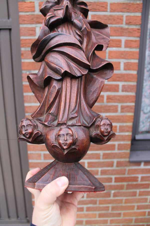 Antique wood carved madonna mary statue with angels base religious