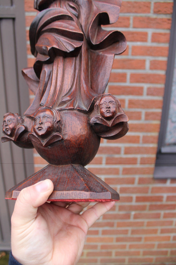 Antique wood carved madonna mary statue with angels base religious