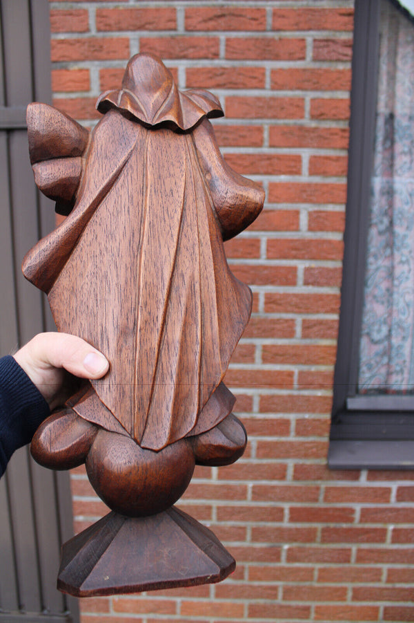 Antique wood carved madonna mary statue with angels base religious