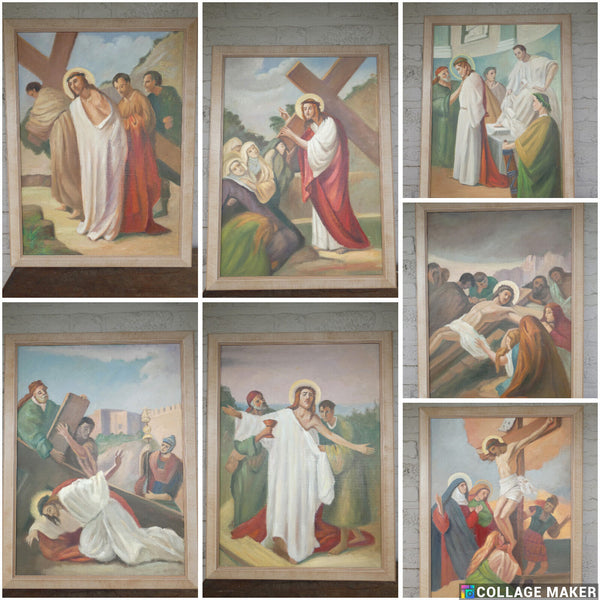 Complete set 14 stations cross painting oil canvas flanders school Religious