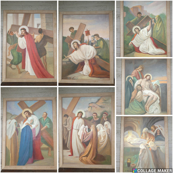 Complete set 14 stations cross painting oil canvas flanders school Religious