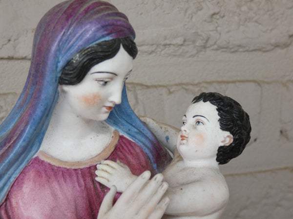 Antique large french vieux paris porcelain madonna child figurine statue rare