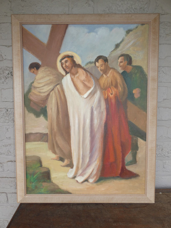 Complete set 14 stations cross painting oil canvas flanders school Religious