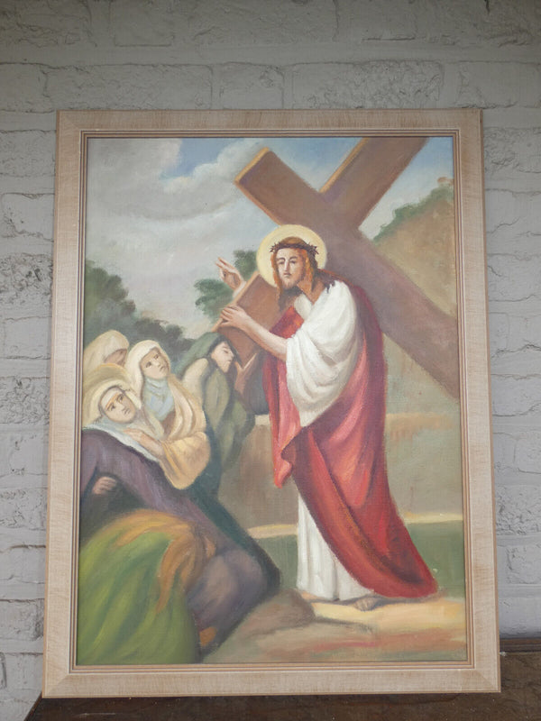 Complete set 14 stations cross painting oil canvas flanders school Religious