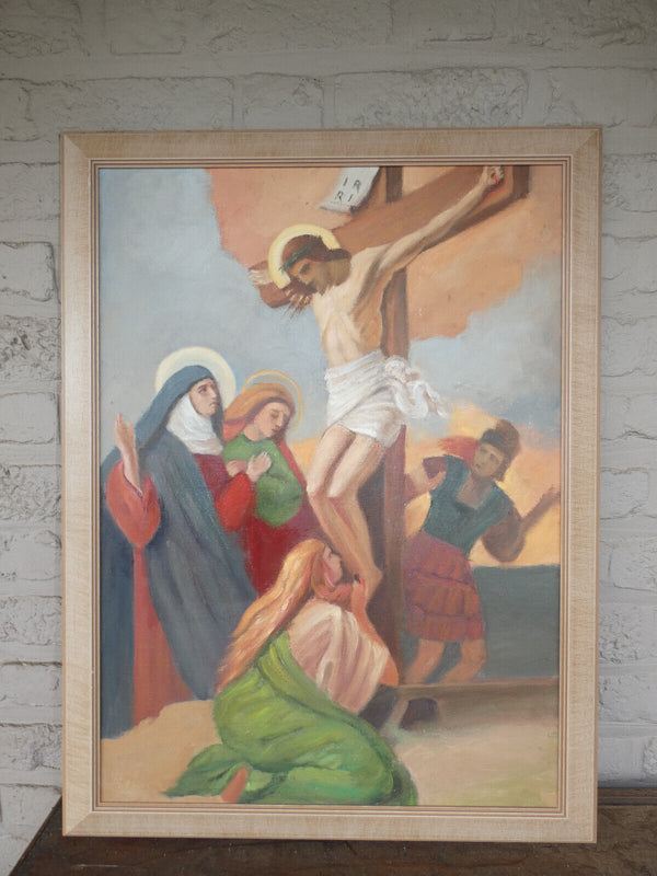 Complete set 14 stations cross painting oil canvas flanders school Religious