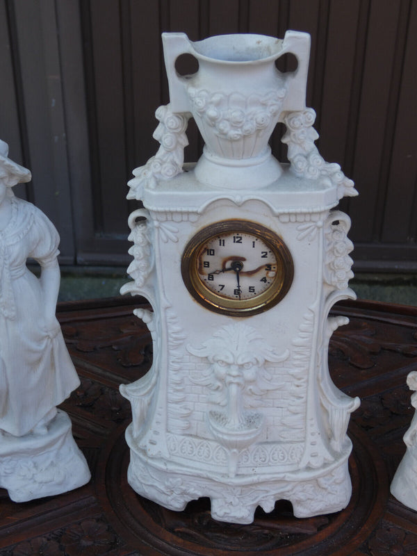 Antique german grafenthal porcelain bisque mantel clock set figurine satyr heads
