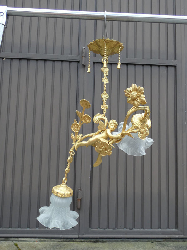 Vintage French bronze brass angel putti cherub chandelier pendant lamp rare