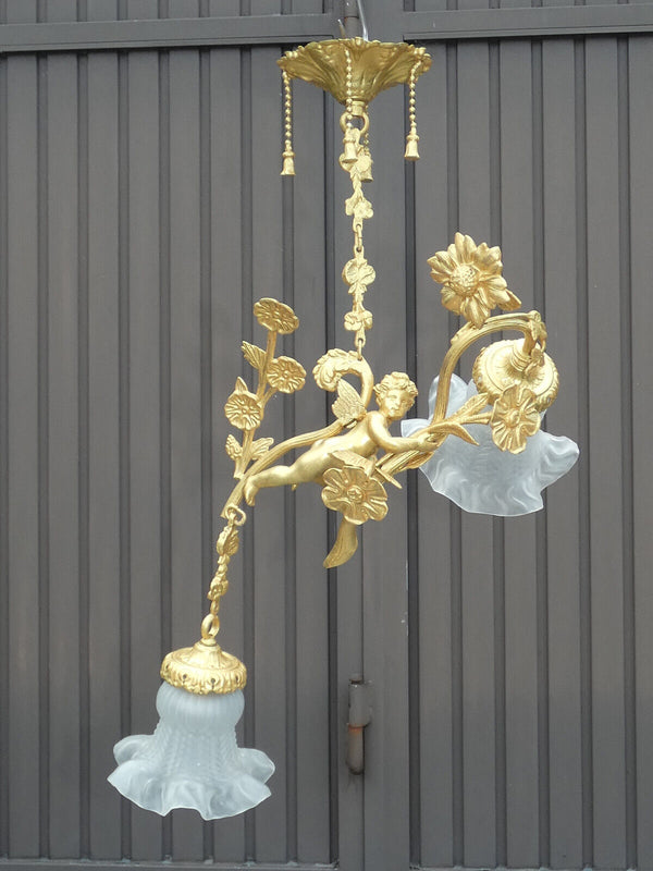 Vintage French bronze brass angel putti cherub chandelier pendant lamp rare