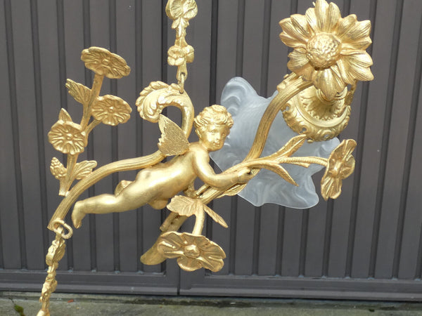 Vintage French bronze brass angel putti cherub chandelier pendant lamp rare