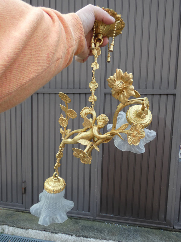 Vintage French bronze brass angel putti cherub chandelier pendant lamp rare