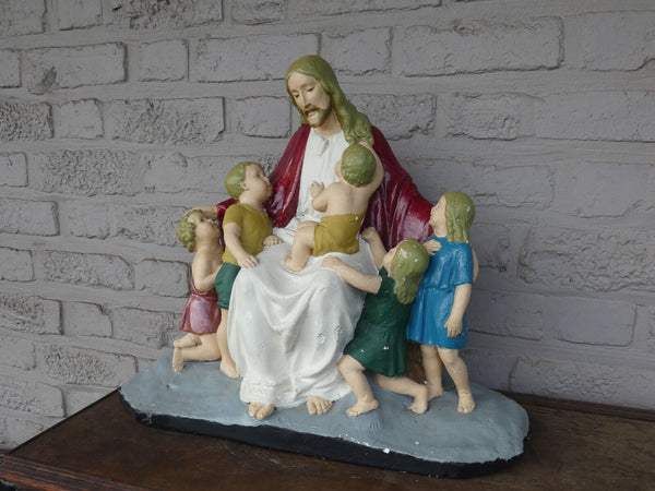 antique large ceramic sculpture jesus with the children statue marked