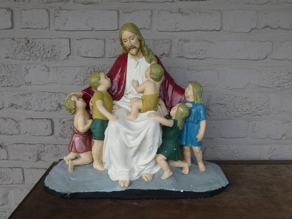 antique large ceramic sculpture jesus with the children statue marked