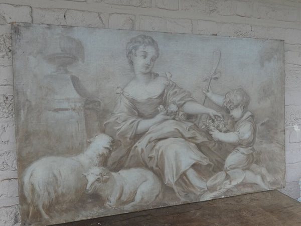 PAIR antique Italian 1800s Grisaille canvas painting romance putti cherub lady