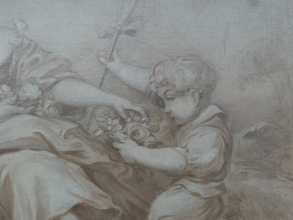 PAIR antique Italian 1800s Grisaille canvas painting romance putti cherub lady