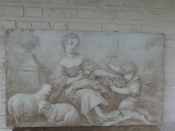 PAIR antique Italian 1800s Grisaille canvas painting romance putti cherub lady