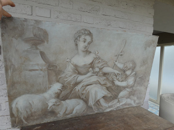 PAIR antique Italian 1800s Grisaille canvas painting romance putti cherub lady