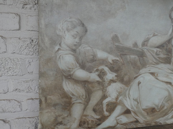 PAIR antique Italian 1800s Grisaille canvas painting romance putti cherub lady