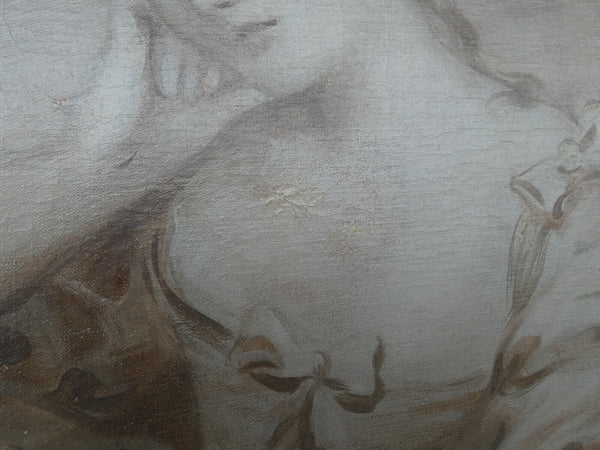 PAIR antique Italian 1800s Grisaille canvas painting romance putti cherub lady