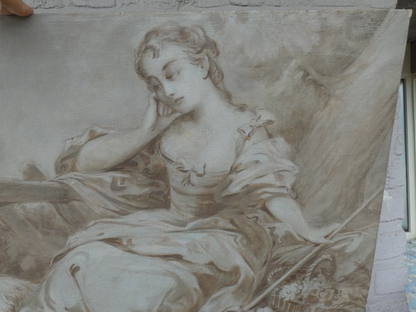 PAIR antique Italian 1800s Grisaille canvas painting romance putti cherub lady