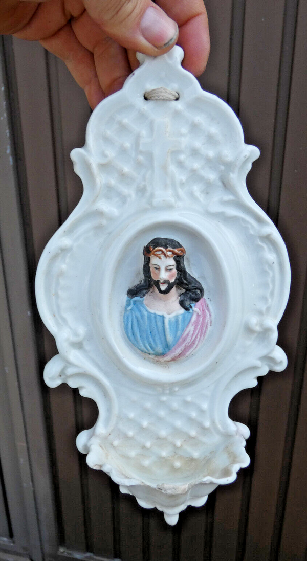 Antique Vieux paris porcelain  jesus portrait holy water font plaque