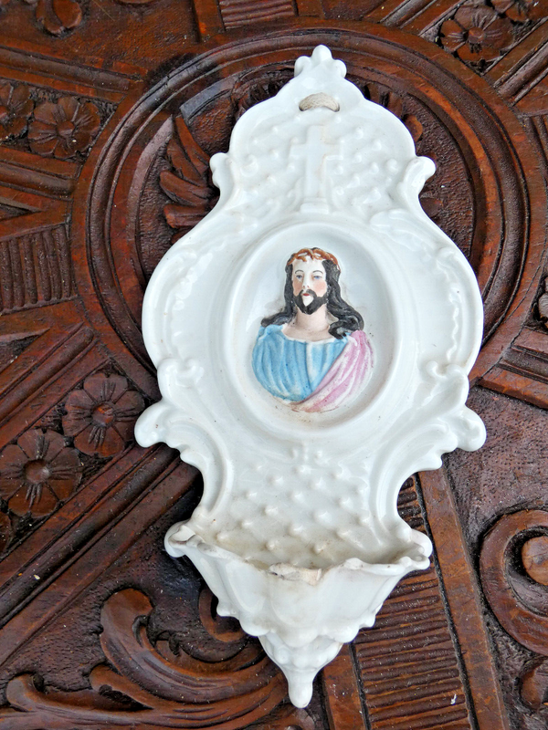 Antique Vieux paris porcelain  jesus portrait holy water font plaque