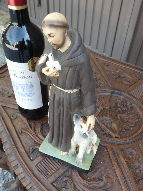 Antique ceramic chalk statue saint Francis Assisi religous