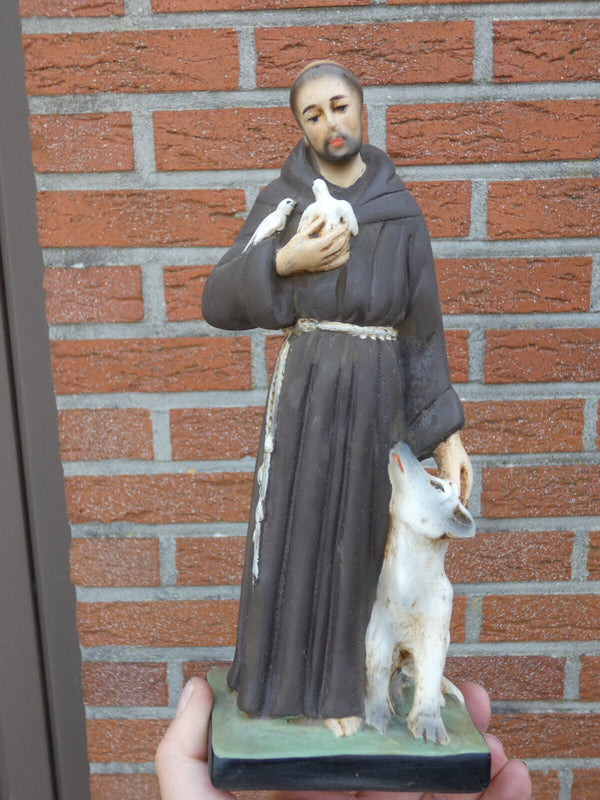 Antique ceramic chalk statue saint Francis Assisi religous