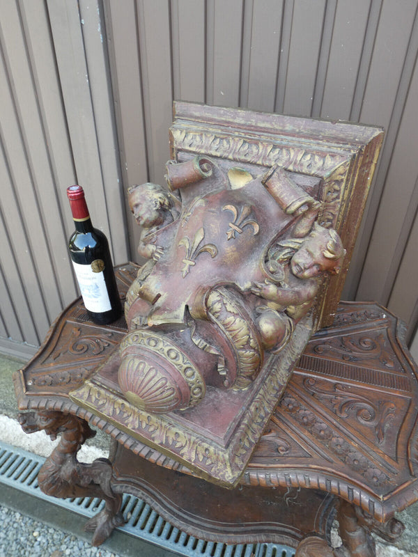 Antique XL french religious church ceramic angels fleur de lys console statue