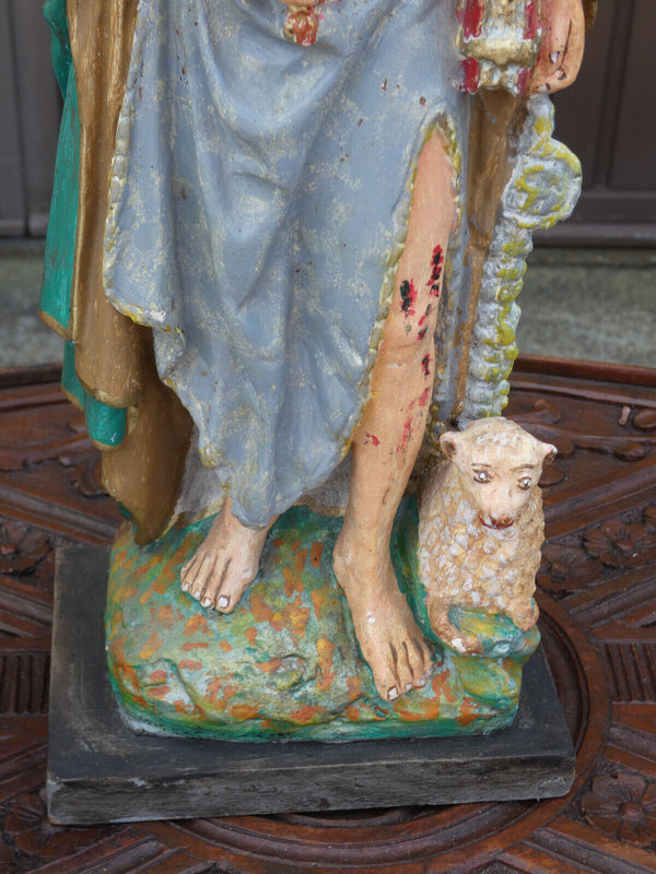 Antique LARGE SAINT DROGO ceramic statue religious