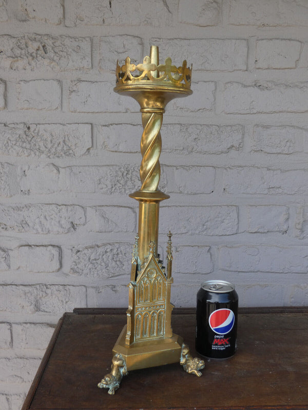 Antique French bronze neo gothic candle holder candlestick lion paws