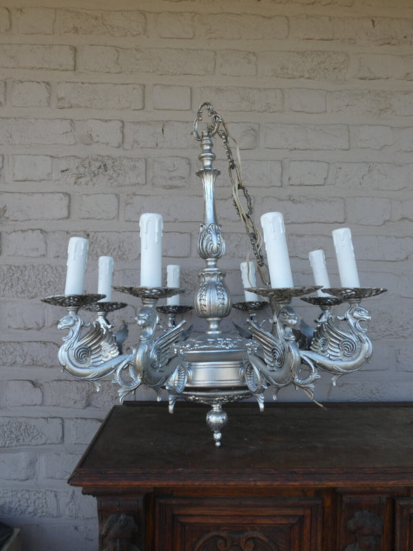 Vintage 1970 brass silver lacquered Dragon gothic castle chandelier