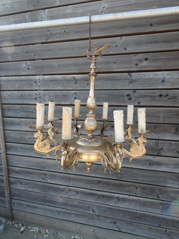 Vintage 1970 brass gold lacquered Dragon gothic castle chandelier