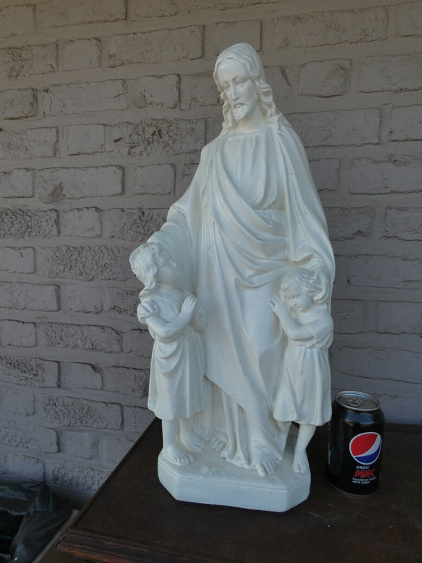 Antique XL jesus with children statue ceramic chalk religious