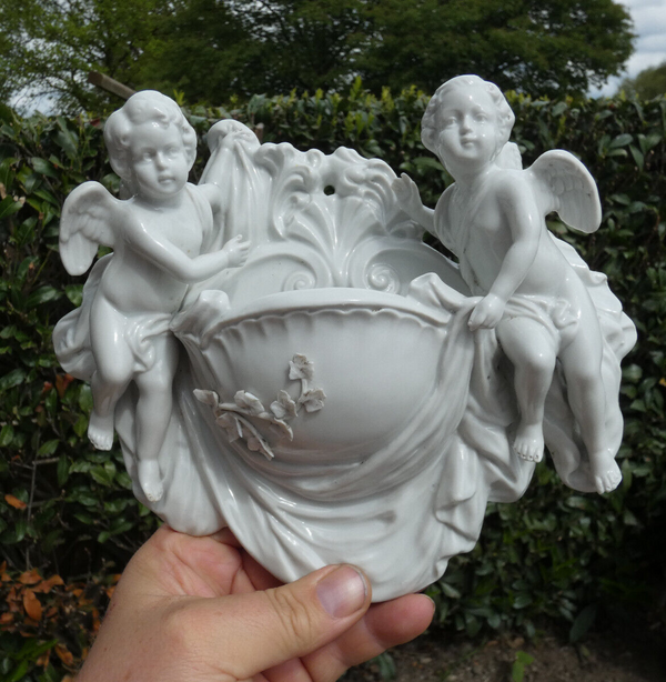 Antique german scheibe alsbach porcelain marked angels holy water font