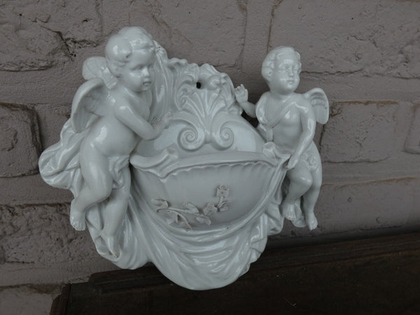 Antique german scheibe alsbach porcelain marked angels holy water font